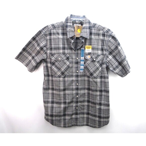 Carhartt Shirt Men Size L Rugged Flex Relaxed Fit Pearl Snap Light Weight Gray - Picture 1 of 9